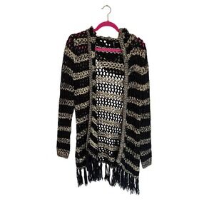Ethyle Black & Gold Striped Crochet Fringe‎ Cardigan Boho Bohemian Chic